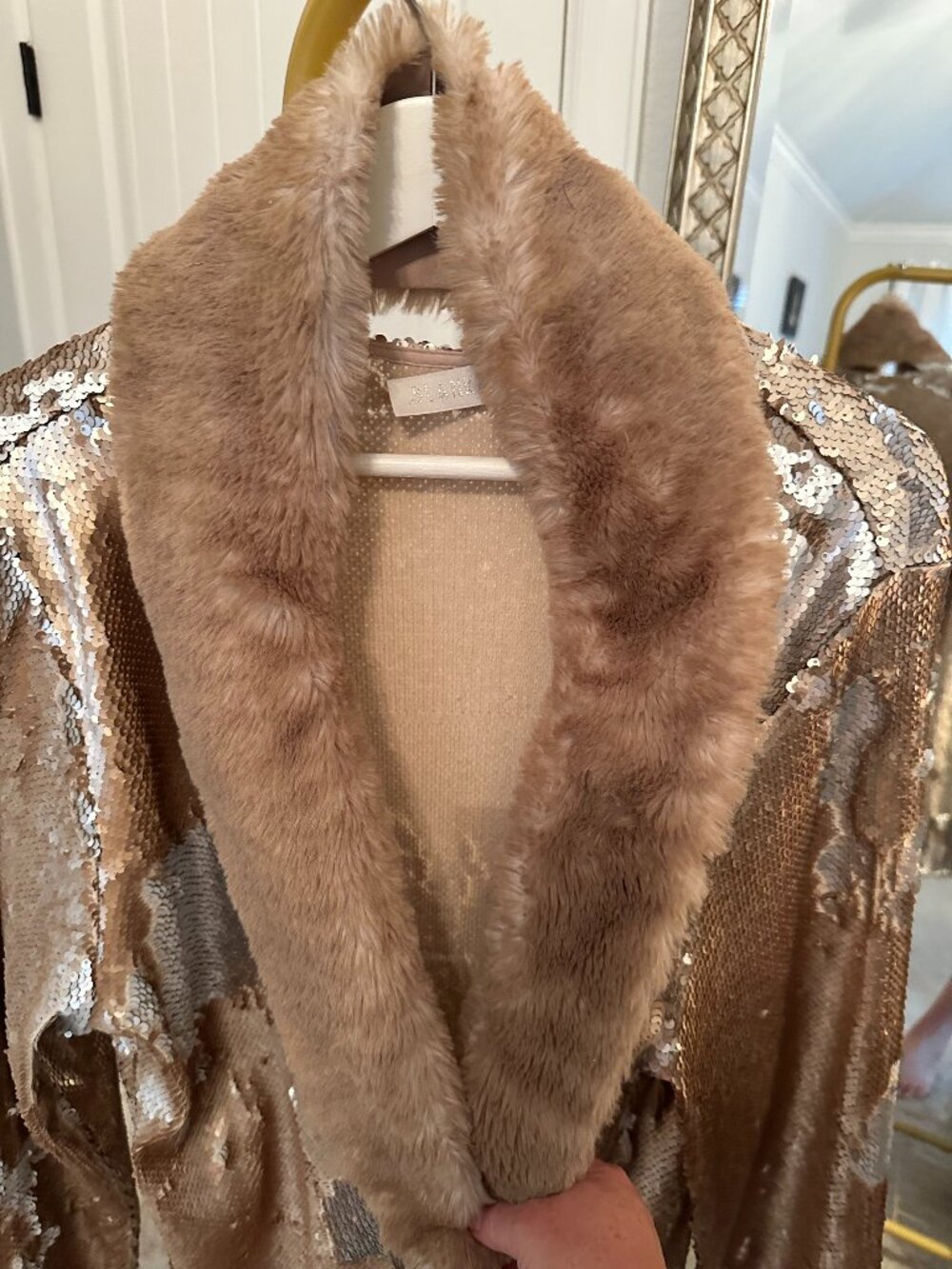 Blanka The Label Gold Sequin Long Coat/Fur Collar